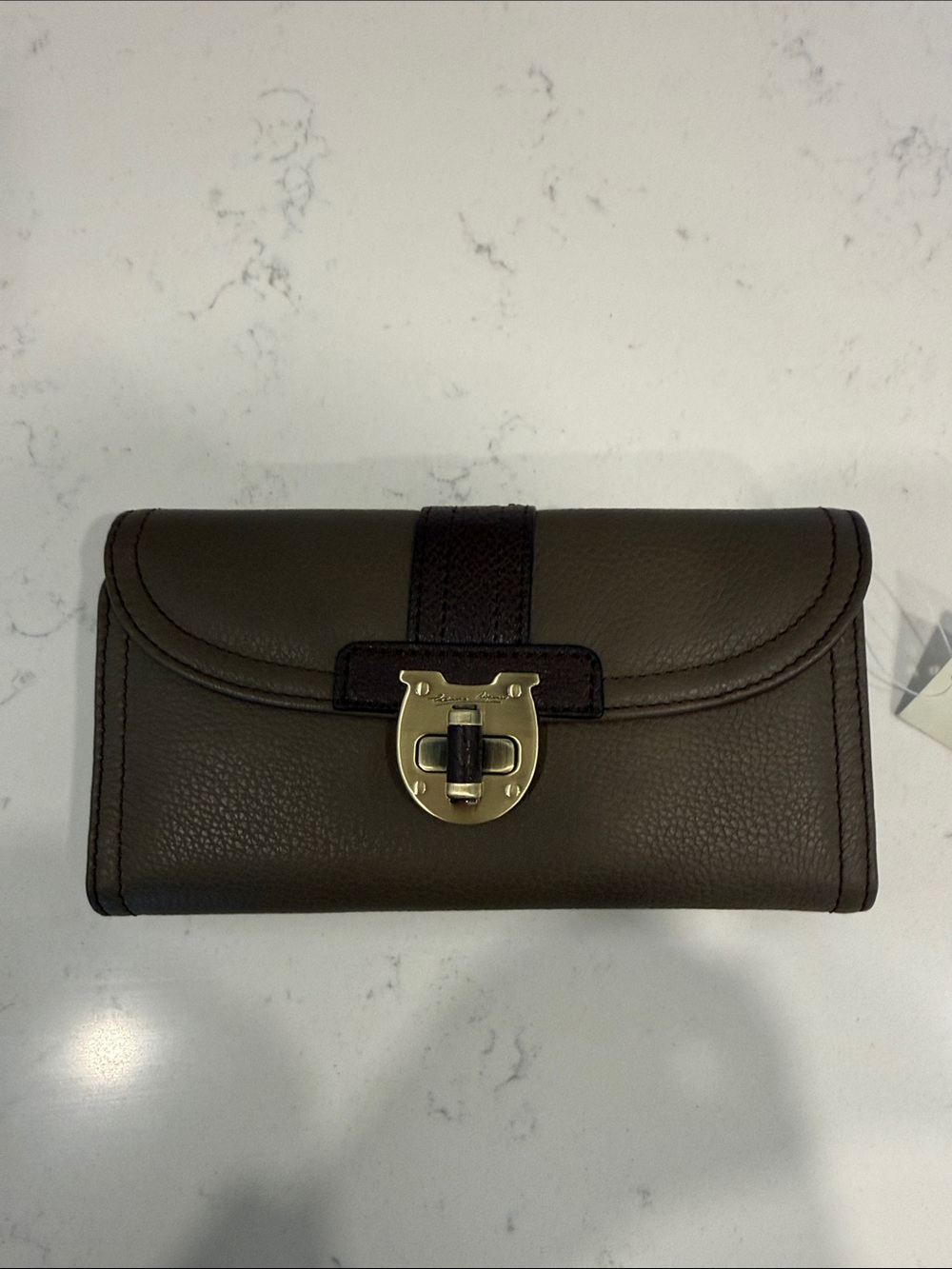 NWT Etienne Aigner Leather Clutch Wallet in Olive Brown with Gold Tone Lock